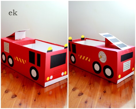 Cars Fire Truck Made Out of Cardboard Boxes